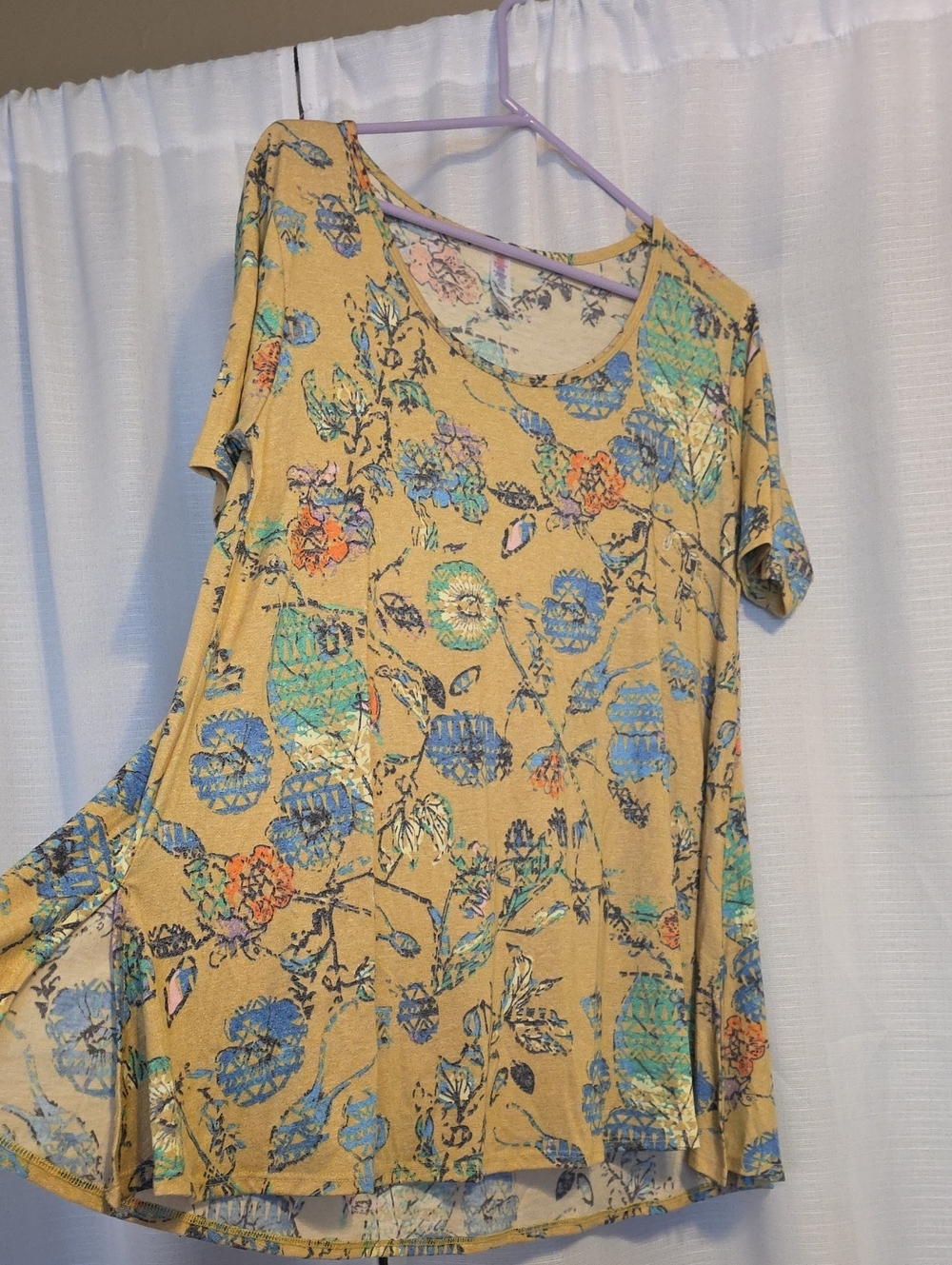 LuLaRoe Mustard Floral Short Sleeve Tee with Blue & Green Accents